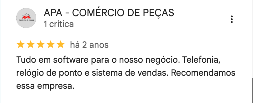 Captura da avaliação de APA - COMÉRCIO DE PEÇAS no Google, com cinco estrelas